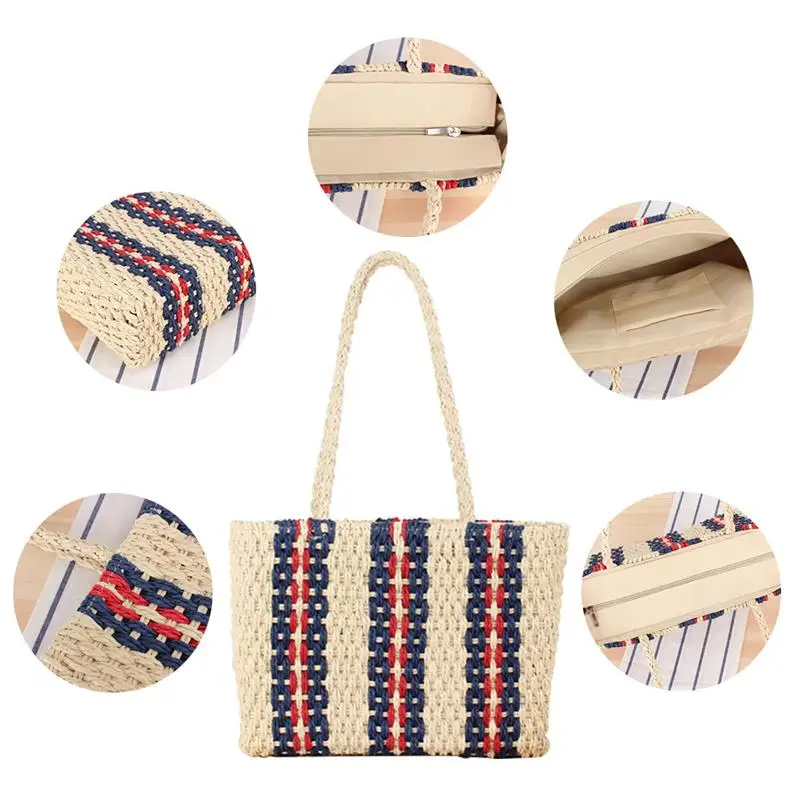 

Women Handbag Stripe Summer Beach Bag Rattan Woven Handmade Knitted Straw Large Capacity Totes Women Shoulder Bag Bohemia New