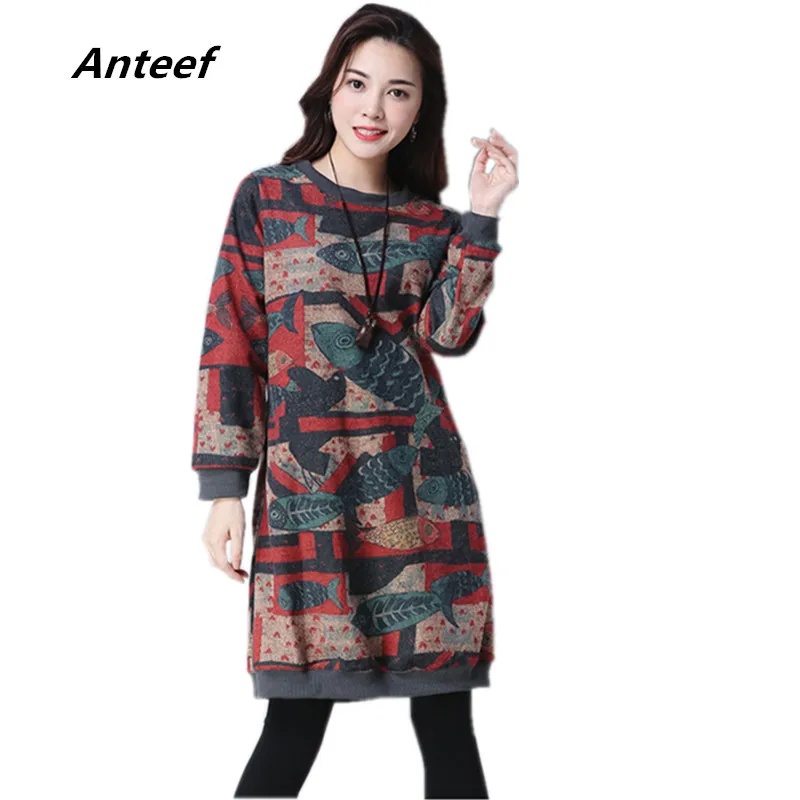 

long sleeve woolen vintage animal print dresses for women casual loose midi spring autumn winter dress elegant clothing 2022
