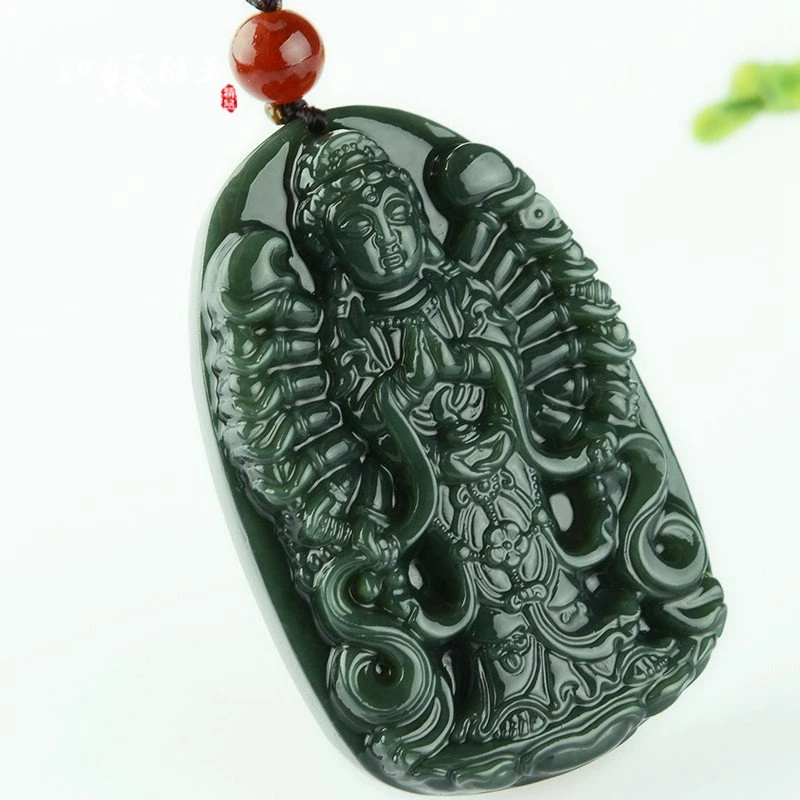 

Natural HETIAN Nephrite Pendant Hand-Carved Thousand Hands Kwan-Yin Round Necklace Men's Fashion Jades Jewelry