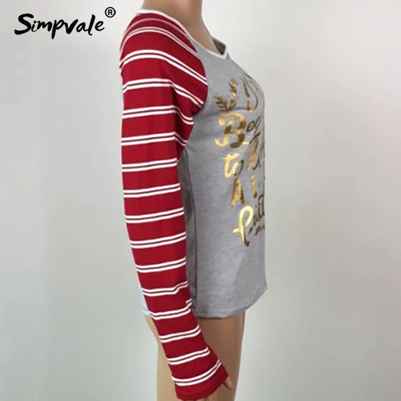 SIMPVALE рождественское письмо печати Тонкий джемпер футболка Для женщин полосатый