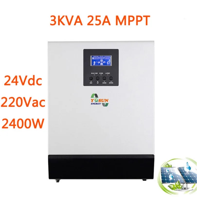 Солнечный инвертор 3Kva MPPT 2400W автономный инвертор Чистая синусоида инвертор Встроенный 25A MPPT контроллер переменного тока зарядное устройство 24Vdc батарея