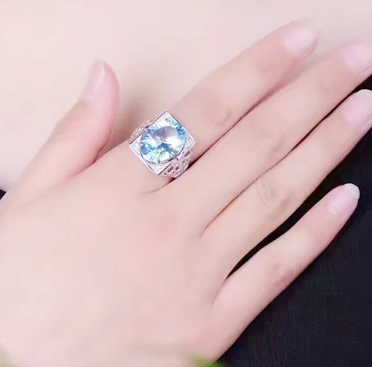 Мужское кольцо с натуральным голубым топазом 12*16 мм 14 карат|gem silver ring|gem ringsgem rings for