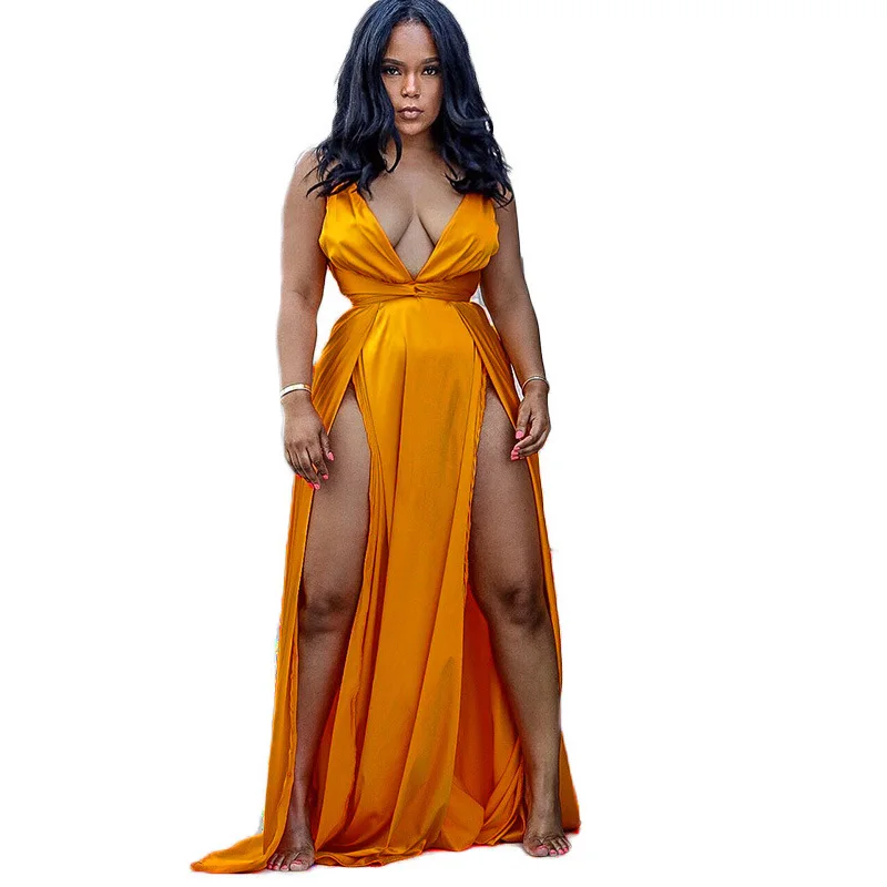 

2019 summer new dress women's simulation silk sexy split dress metal color club party nightclub dress