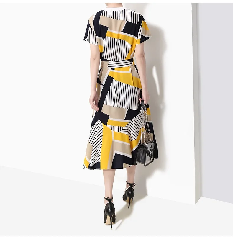 2019 Новое лето круглый воротник короткий рукав платье в полоску с рисунком