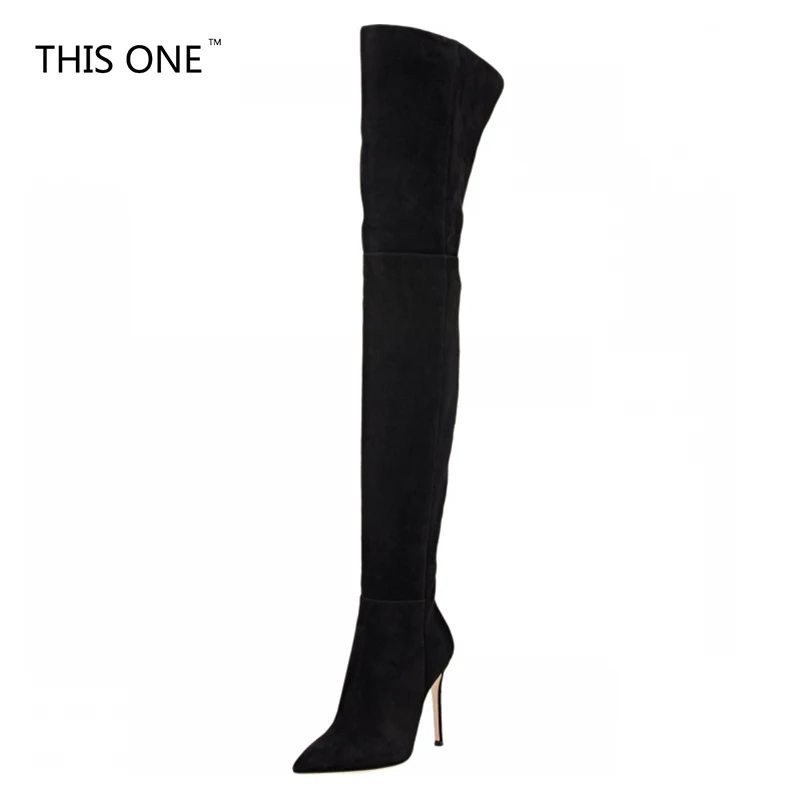 Женские сапоги выше колена на высоком каблуке черные коричневые или серые