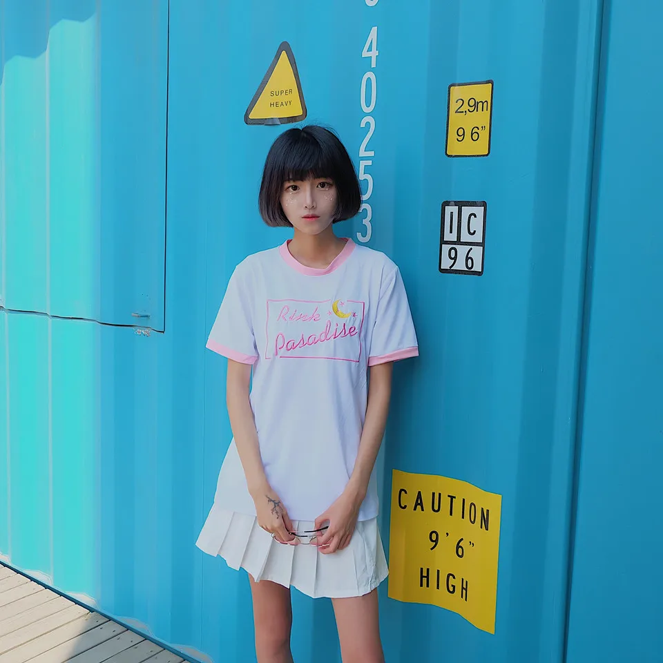 Женская модная футболка Корея ulzzang Harajuku стиль Японский дикий сладкий мягкий сестра Луна вышивка цвет соответствующие рубашка для студента