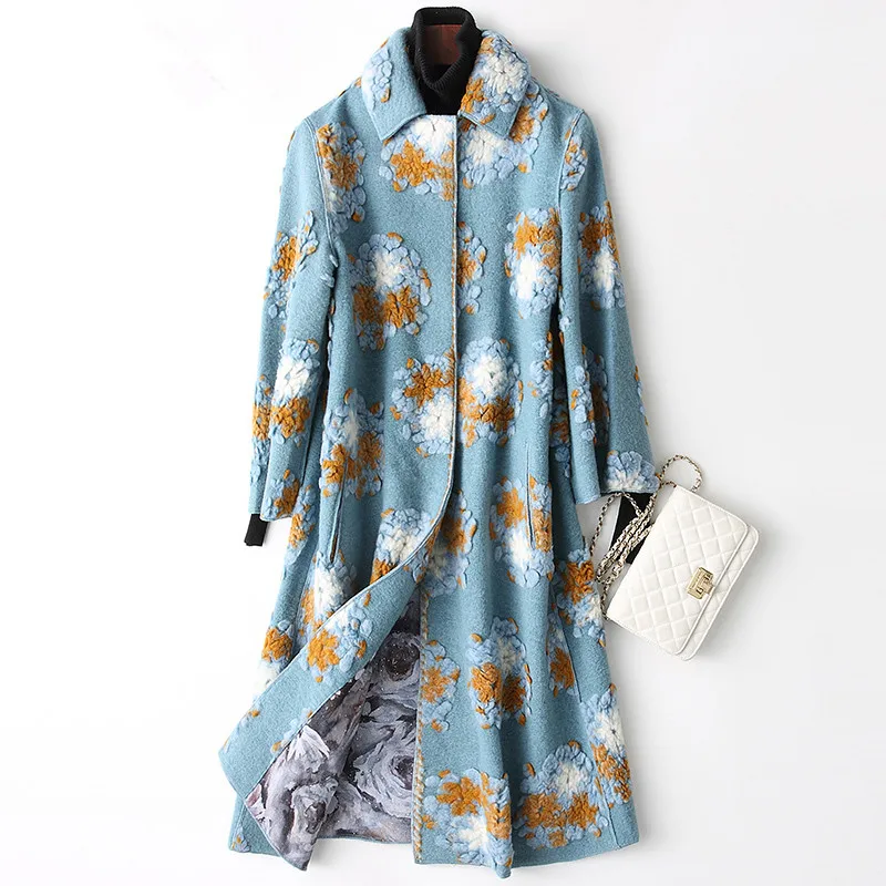 Light Blue Женское пальто с натуральным мехом в Корейском стиле с цветочным рисунком, зимняя теплая куртка из овечьей шерсти, элегантное шерстяное пальто Abrigos Mujer Invierno WPHPC14 YY588 - Color: Light Blue
