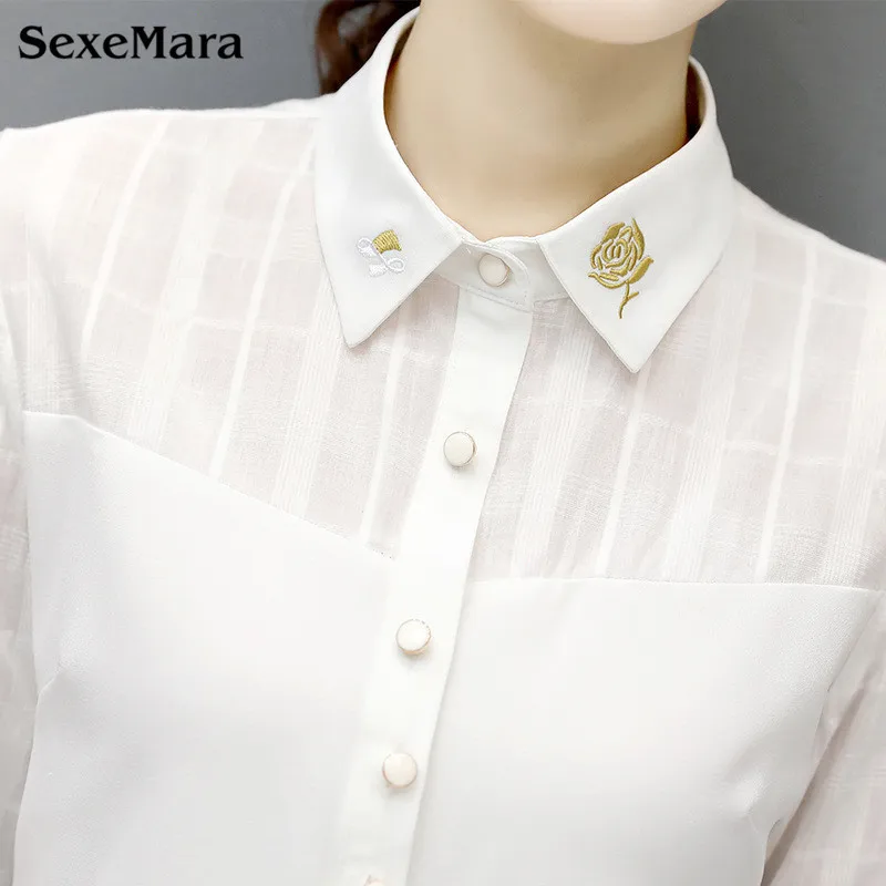 Блузка Blusa 2017 Весна Новых женщин Вышитые Рубашки Сплошной Цвет Большой Размер