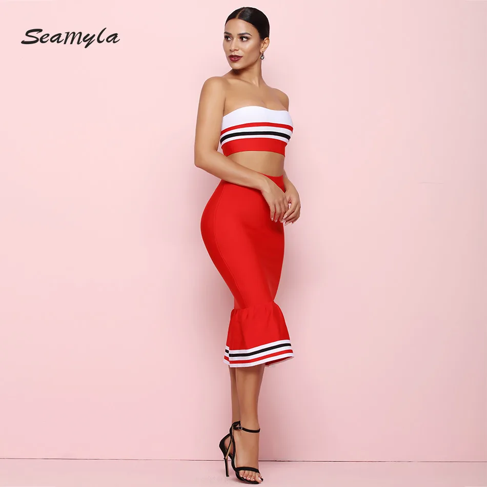 Seamyla новые модные красные комплекты из двух предметов Для женщин Sexy бретелек Bodcyon