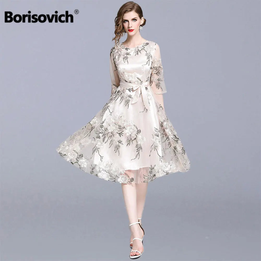 Женское Повседневное платье с цветочной вышивкой модель 2019 года до колен |