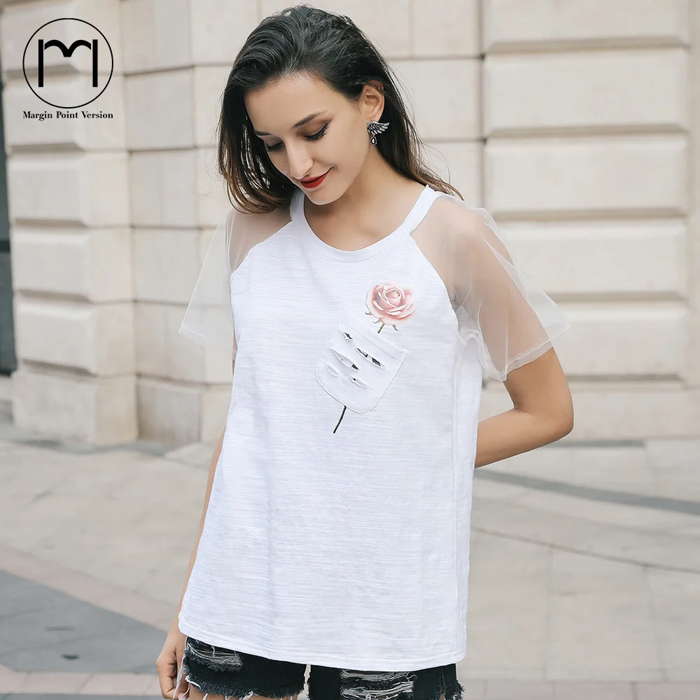 Маржа белая футболка Для женщин Лето Забавный хлопковая Футболка Femme сетчатый