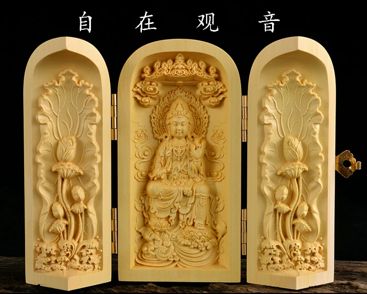 

Buddhism sacred holy # traveling altar- efficacious Talisman Protection Lotus GUAN YIN Buddha Sculpture Wood carving statue