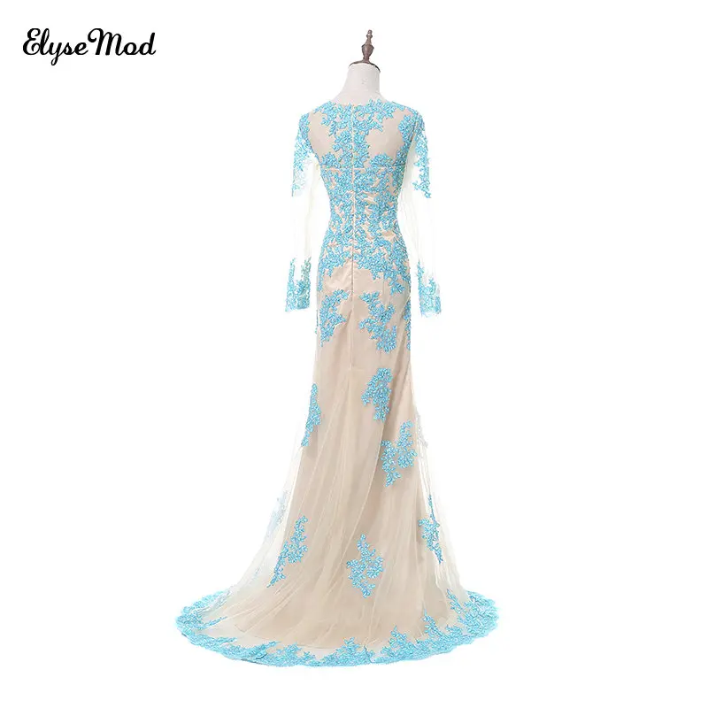 

Real Photo Evening Gowns Tulle Mermaid Champagne Beading Long Sleeve Evening Dress Scoop De Noche Largos