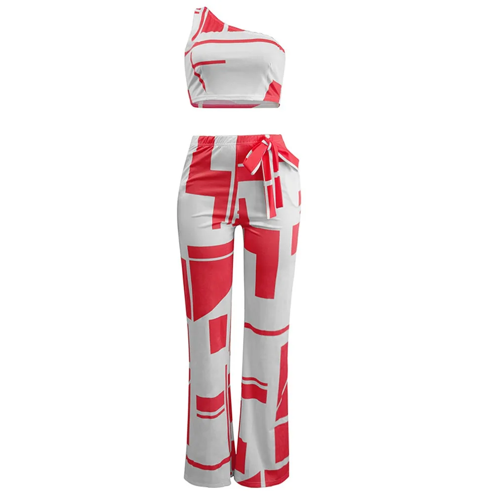 Tilapia slim new sexy girl club party sets one shoulder top long pants 2in1 fashion set sleeveless geometric women |