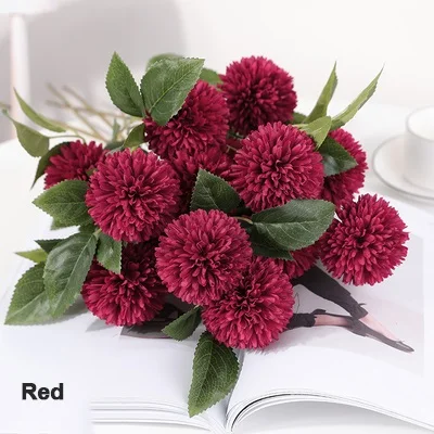 5pcs Red 5 шт./компл. 3 головы желтый Искусственные цветы гортензии букет с длинными стеблями шелк, принт в виде одуванчиков, осень домашние вечерние декор в форме искусственных цветов - Цвет: 5pcs Red