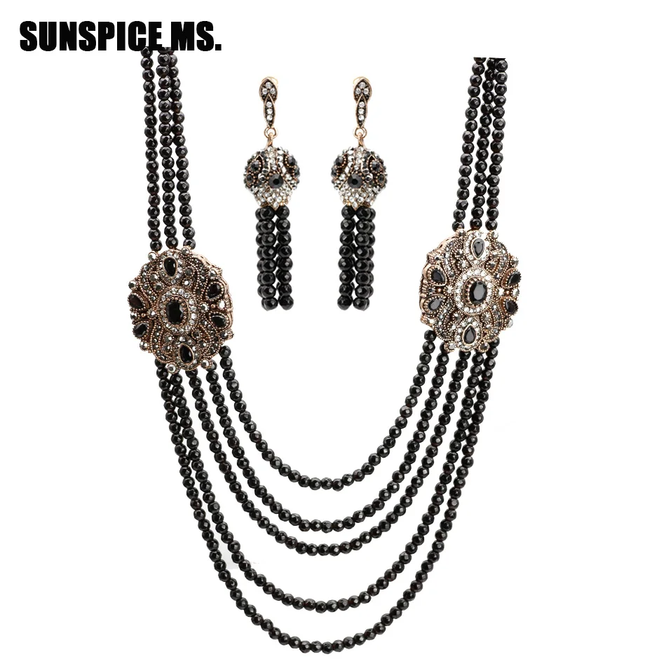 Модные Ювелирные наборы в богемном стиле, натуральные камни, бусы, длинное ожерелье, висячие серьги, многоуровневая цепочка, круглая подвеска с кристаллами