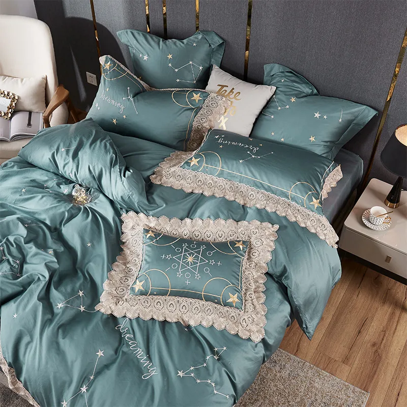 4Pcs blue Color Stain Luxury Bedding set King Queen twin size Royal Bed egyptian Cotton Duvet cover sheet pillowcase | Дом и сад