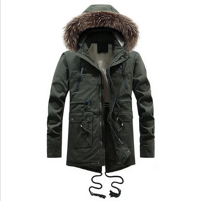 Men Irregular Hem Drawstring Fur Collar Coat Men Brand Fleece Fur Collar Military Parkas Warm Outwear