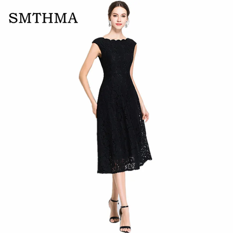 Женское длинное кружевное платье SMTHMA, черное/белое кружевное длинное платье для женщин без рукавов, лето - Цвет: picture color