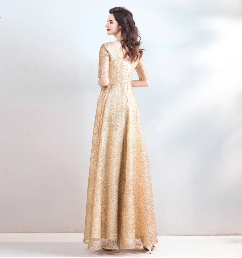 SSYFashion новый простой вечернее платье Champagne Gold Половина рукавами v-образным вырезом