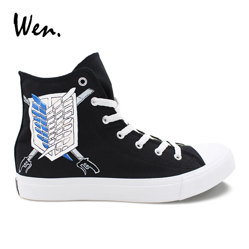 

Wen Anime Cosplay Shoes Attack on Titan Wings Logo Hand Painted Canvas Sneakers High Top Mens Womens Espadrilles Flat Plimsolls