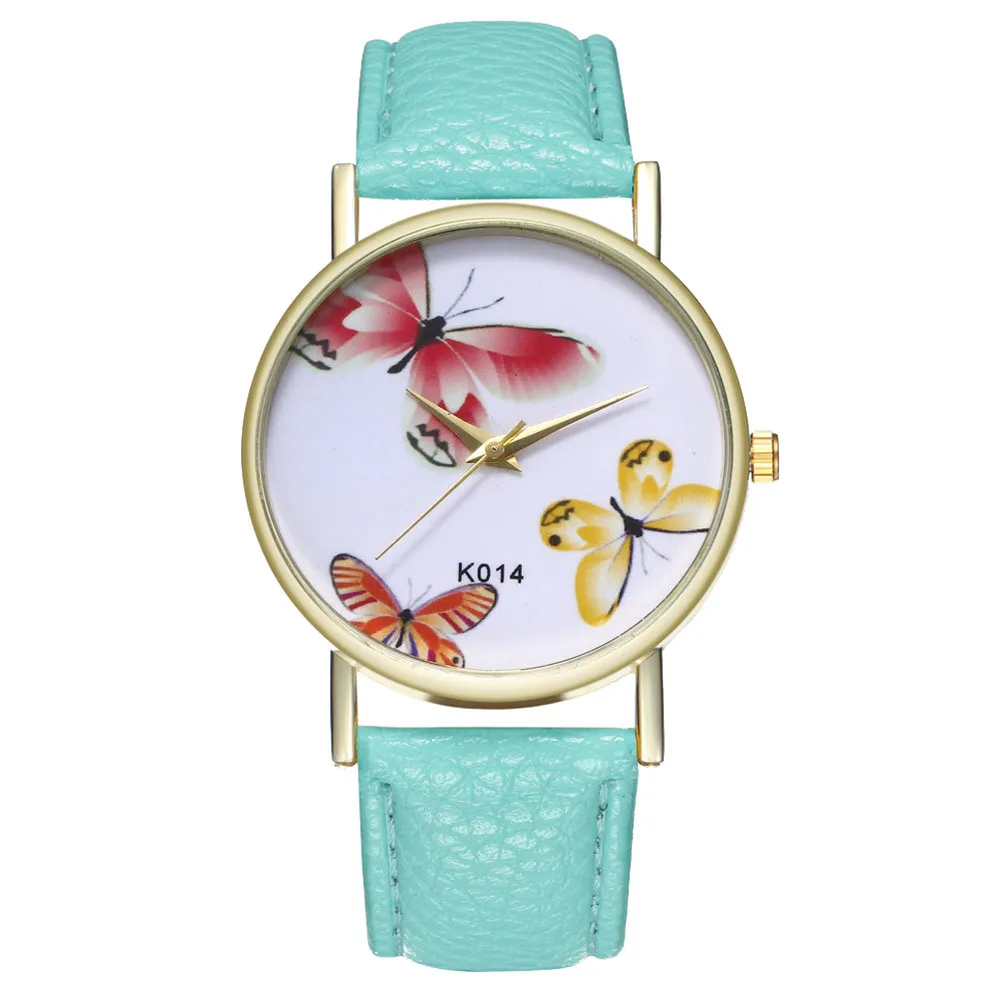 Mint Green K014 Модные Простые Женские часы с тисненым ремешком и бабочкой женские часы с золотым циферблатом женские кварцевые часы Relogio Feminino& Ff - Цвет: Mint Green