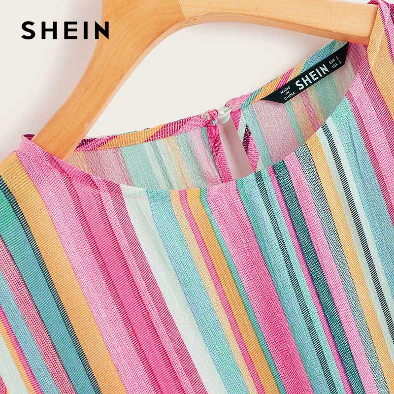 SHEIN Женские топы и блузки в разноцветную полоску с узлом спереди, повседневные летние блузки с коротким рукавом и пуговицами