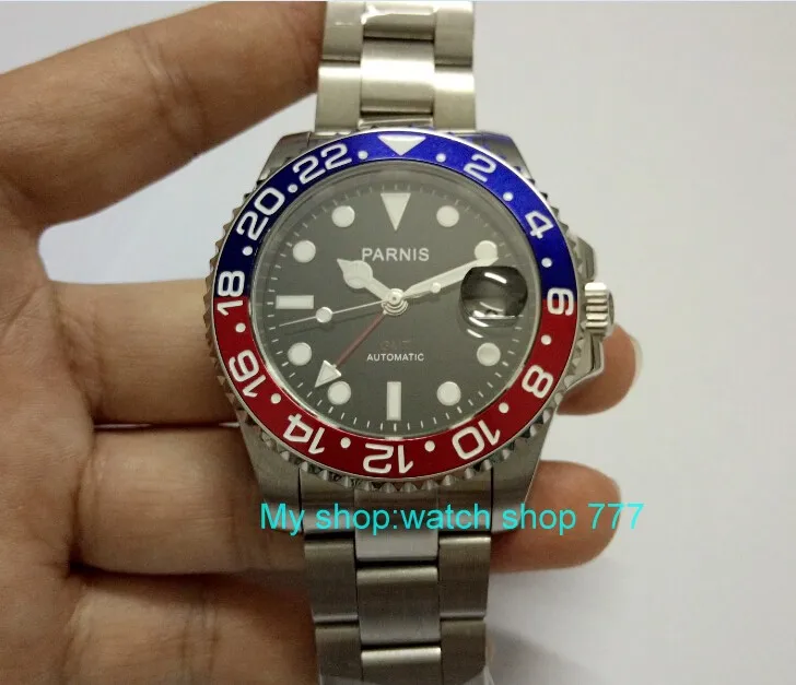 2017 новая мода 40 мм parnis GMT Красный & Blu ободок сапфировое стекло Мужские
