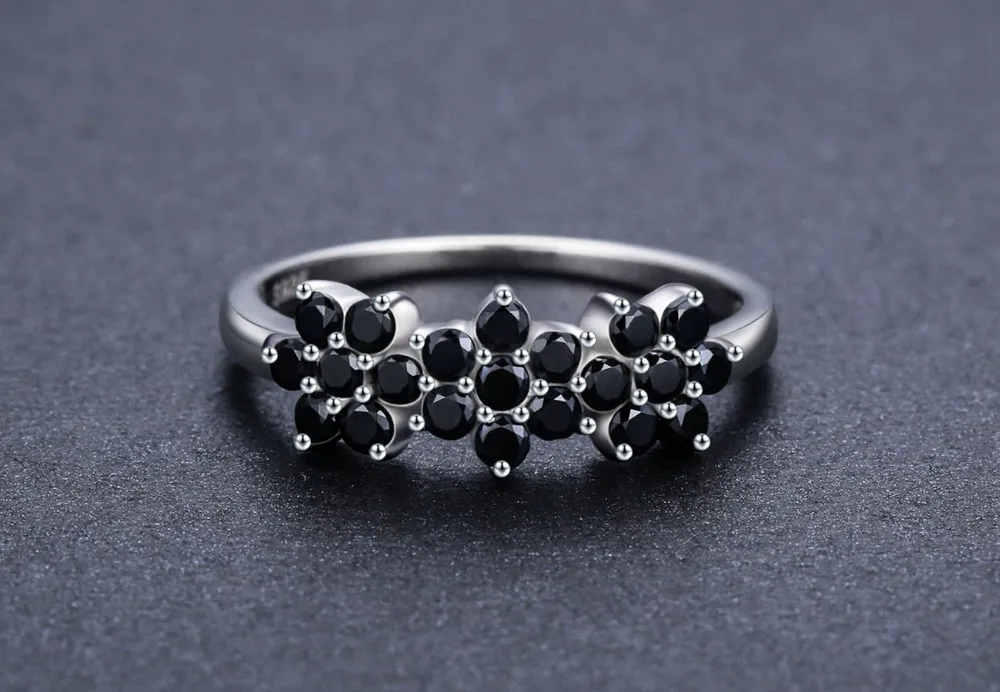 [Черный ость] Винтаж 2,1g 925 пробы Серебряные Ювелирные Изделия Bague цветок черной шпинели Обручение кольца для Для женщин девушке подарок C464