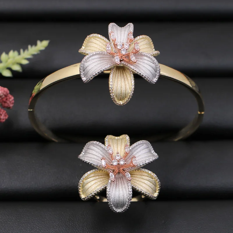 Lanyika Jewelry Set Dubai Blooming Flowers Bangle with Ring for Girl Banquet Wedding Cubic Zirconia Popular Luxury Best Gifts | Украшения и