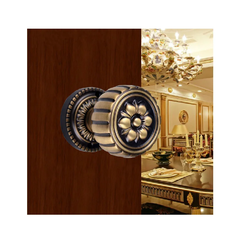 

Free shipping European gold cure copper invisible locks antique carved door pull lock American bathroom spherical single handles