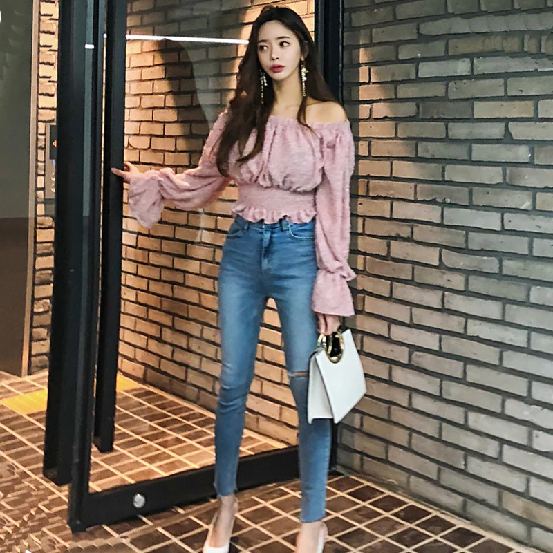 Elegant Slash Neck Off-Shoulder Bottoming Shirt Women 2019 Summer Stretch Elastic Flare Sleeve Female Tops Sweety Casual Clothes |