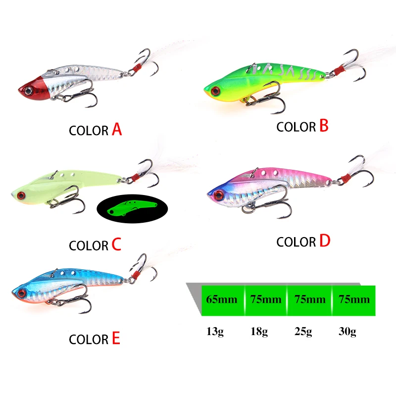 YTQHXY VIB Fishing Lure Hard Bait 65mm 75mm 13g 18g 25g 30g Feather Artificial Spoon With 2 Treble Hooks Fish Tackle WQ517 | Спорт и