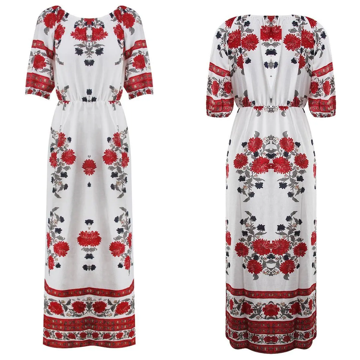2017 Для женщин летние длинное платье с цветочным рисунком коротким рукавом Лодка