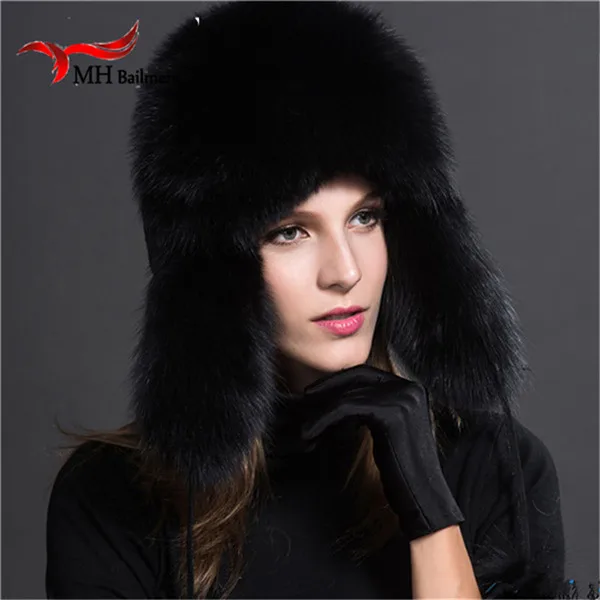 Black Новинка, Россия, хит, шапка из лисьего меха, модная, зимняя, теплая, енот, Бомбер, шапка из лисьего меха с ушками для женщин, толстая и теплая меховая шапка, H#37 - Цвет: Black