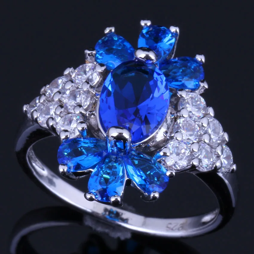 

Majestic Plant Blue Cubic Zirconia White CZ Silver Plated Ring V0634