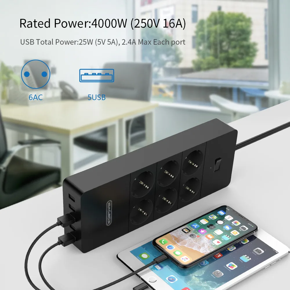 Фото Сетевой фильтр NTON Smart POWER Strip с несколькими разъемами 5 usb-разъемов, защита от перенапряжения-1.5 м шнур питания, настенное зарядное устройство, ... №4