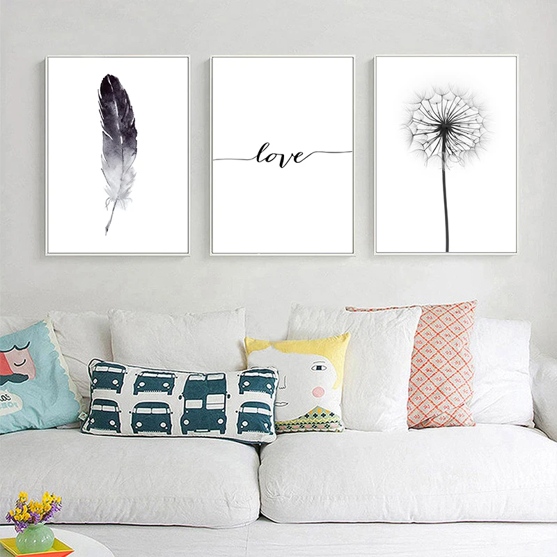 Черный и белый Одуванчик перья плакат принт с надписью Love Wall Art холст для живописи