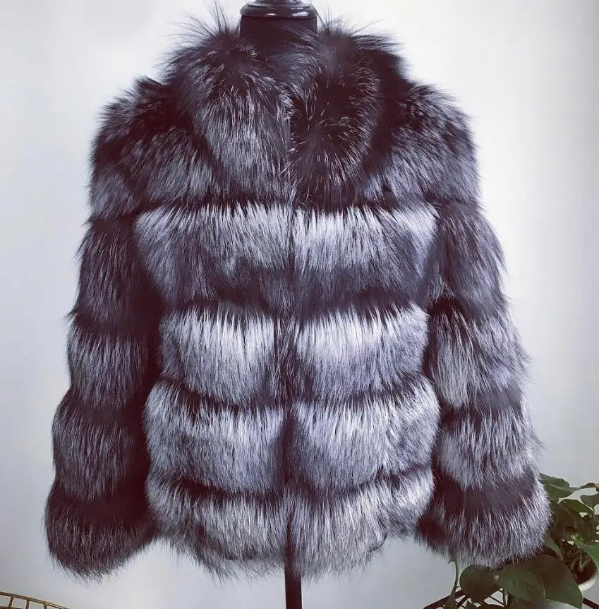 Silver Fox Furealux шуба из натурального Лисьего меха женская зимняя Толстая Шуба из натурального Лисьего меха Меховая куртка верхняя одежда женский воротник-стойка жакет из меха - Цвет: Silver Fox