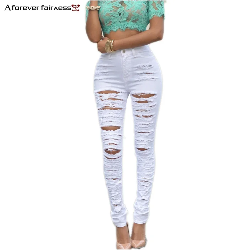 A Forever 2018 Women White High Waist Ripped Pencil Pant Sexy Hole Hollow Skinny Jeans Slim elasticity Trousers M-125 | Женская одежда