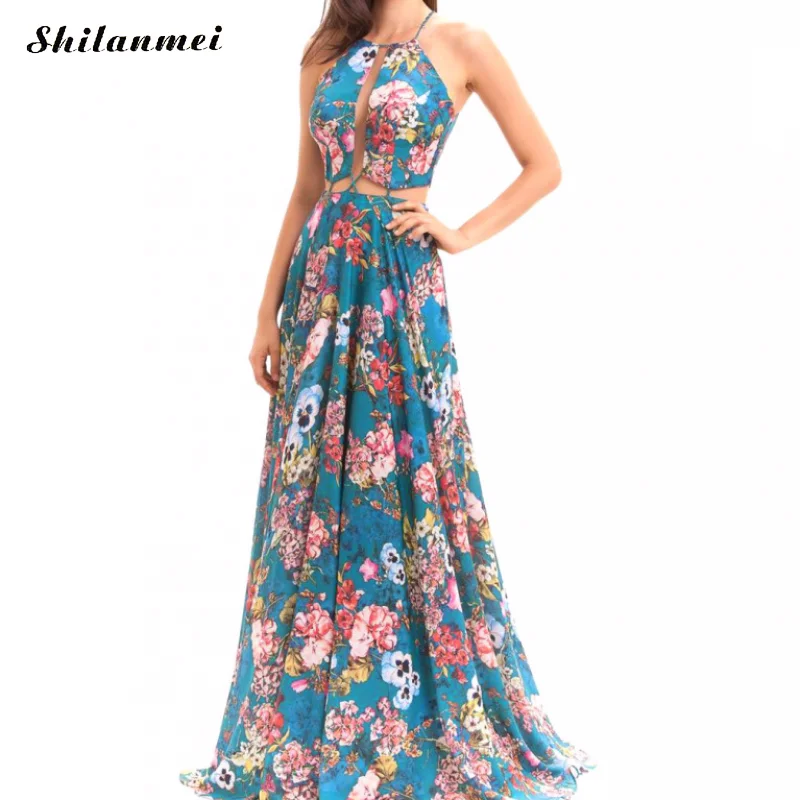 

2019 Summer Vintage Ladies Dresses Long Style Blue Floral Printed Elegant Retro Loose Sexy Holiday Maxi Long Dress For Women
