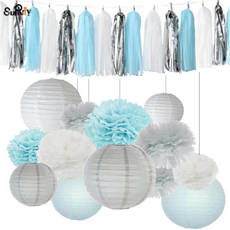 1 Набор детские голубые белые серебряные помпоны для вечеринки бумажные фонарики