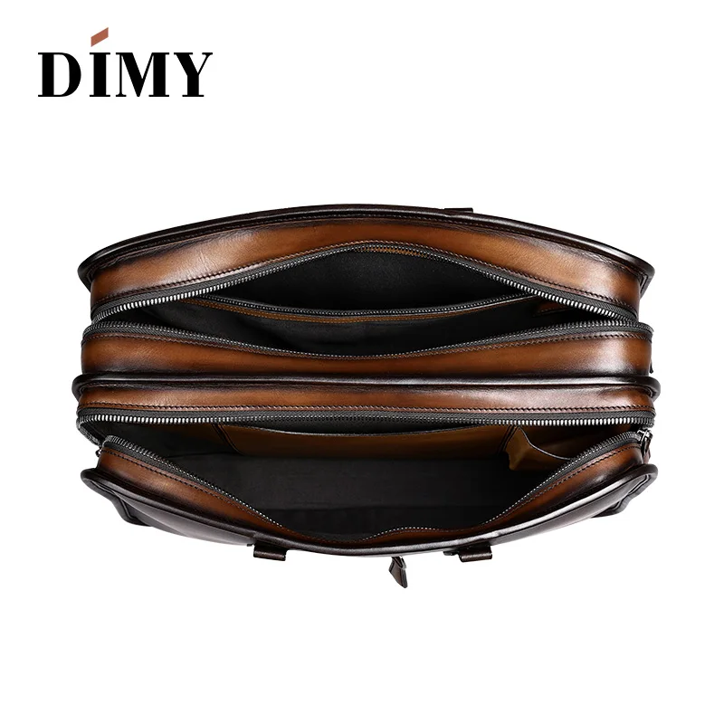 DIMY Hand Patina Leather Men's Briefcases Dutch Calfskin Handbag Business Bags Double Zipper Messenger Bag For Male Gentleman