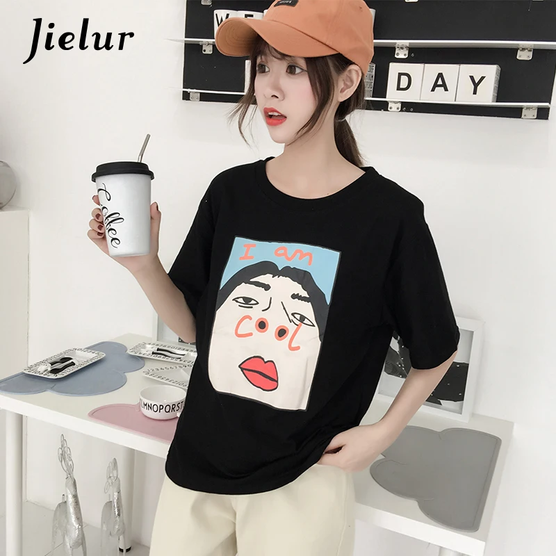 Jielur 2019 Kpop крутые Специальные футболки с принтом женские милые шикарные черные