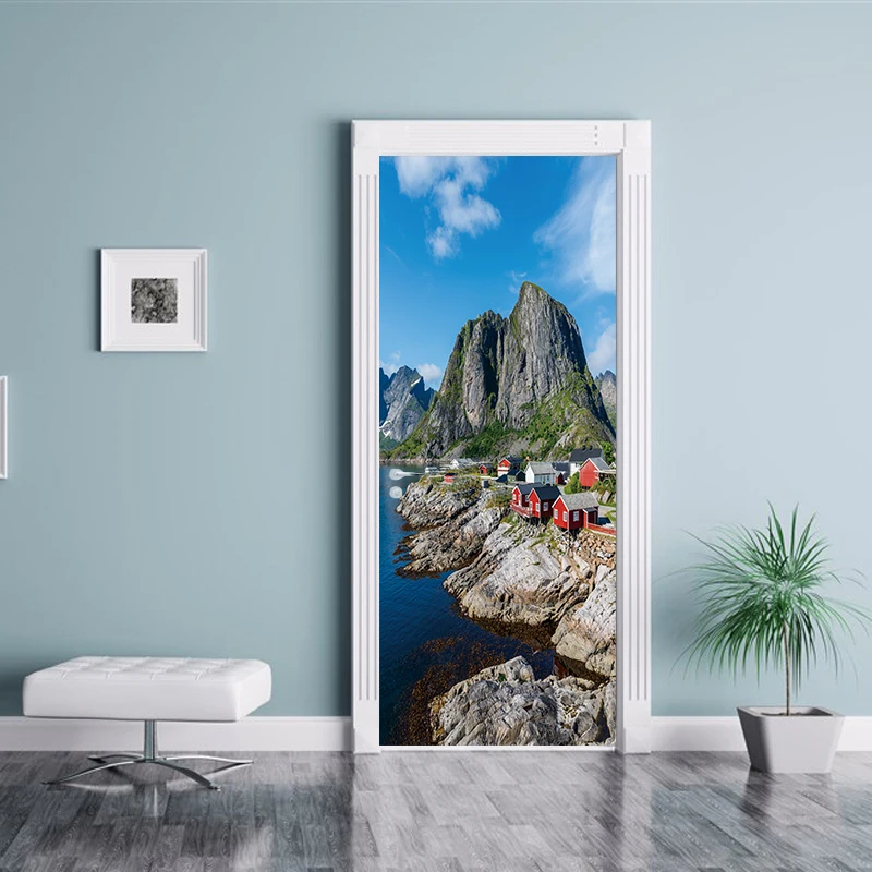 Print Art Picture 3D Door Sticker DIY Mountain Sea Home Decoration Decals Self Adhesive Waterproof Mural For Bedroom Renovation | Дом и сад
