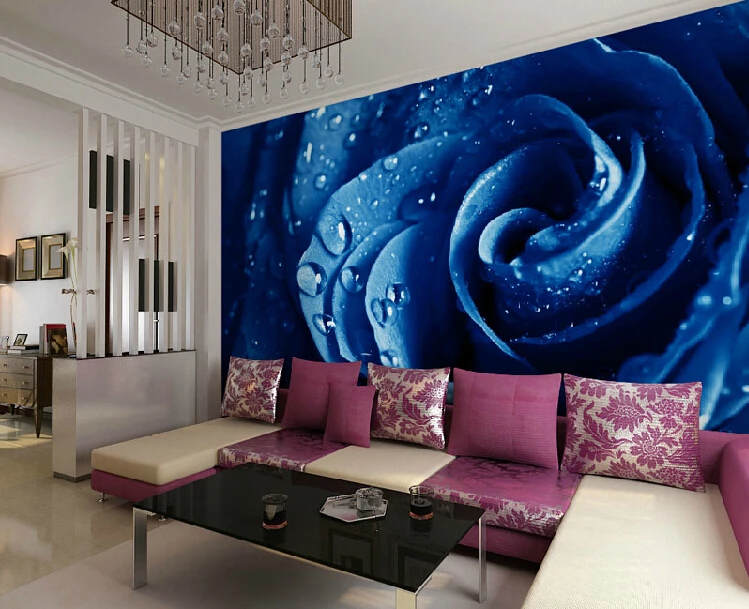 

Wholesale Waterdrop Blue 3d Flower Mural Rose Wallpaper for Sofa Background Bedroom 3d Rose Flower Wall paper 3d Photo Stickers