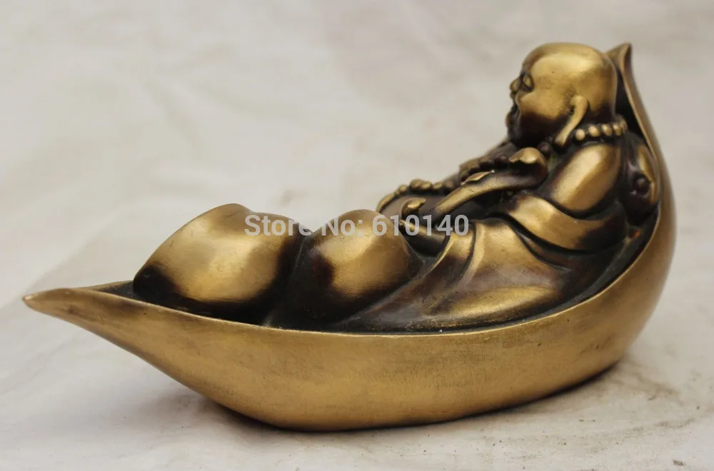 9&quot Chinese Budhdism Copper lotus leaf Happy Laugh Maitreya Buddha Ruyi Statue |