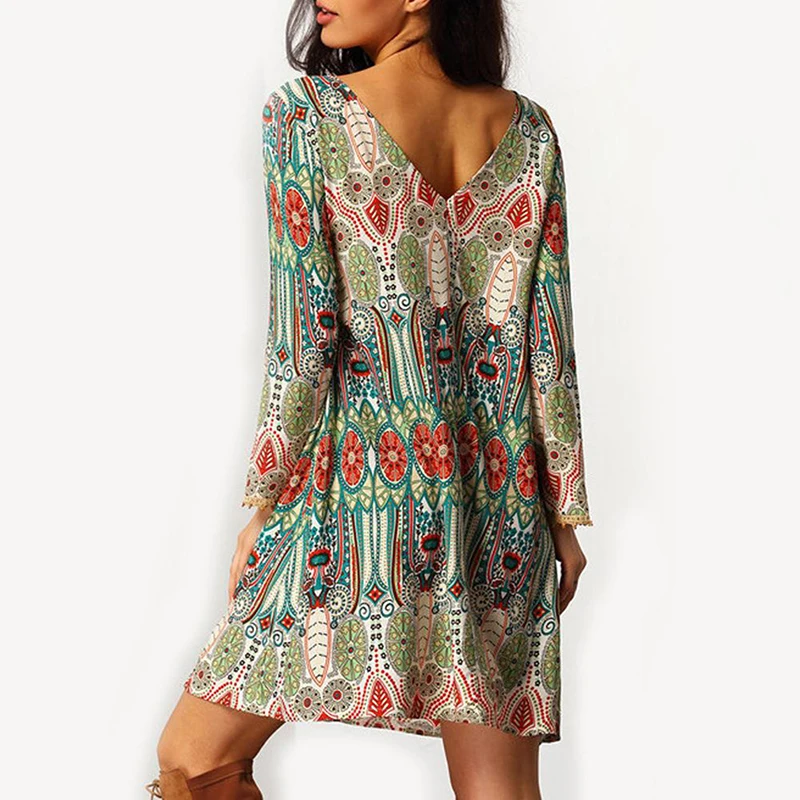 Женское пляжное платье из шифона с винтажным принтом Boho повседневное мини