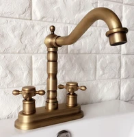 antique brass double handle bathroom faucet basin sink tap hot and cold water mixer tap deck mounted bathroom faucet zan066