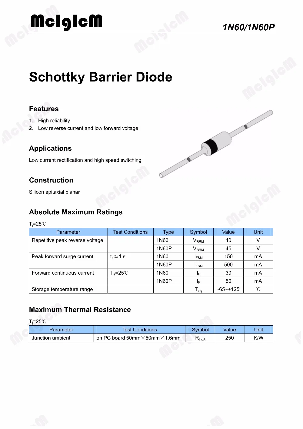 MCIGICM 100 шт. 1N60 1N60P диод Шоттки Германий ТВ Радио FM Обнаружение|tvs diode|schottky diodediode schottky